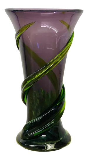 Vintage Mid 20th Century Murano Art Blown Glass Amethyst & Emerald Flower Vase