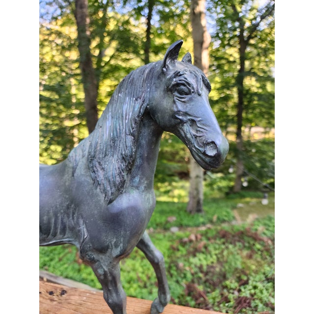 Contemporary Late 20th Century Brass Horse Stallion Sculpture Patina Green Large For Sale - Image 3 of 12
