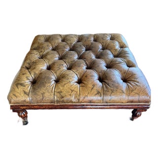 Western Rustic Tufted Oversized Leather Ottoman -Vicente Wolf Collection For Sale
