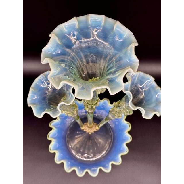 Victorian Antique Victorian Epergne Light Green Vaseline Glass Ruffle Ca 1880 Art Glass Vase Glows For Sale - Image 3 of 11