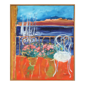 Mid-Century Modern 'Sunlit Balcony' Vintage Original Coastal Still Life Oil Painting, Framed