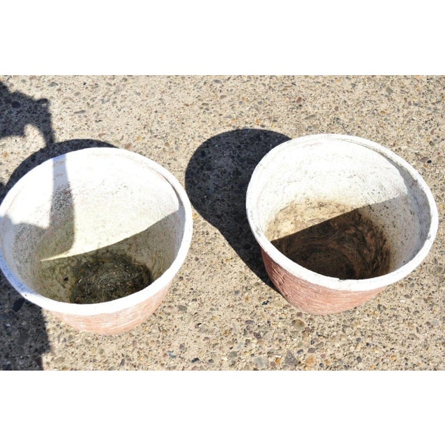 Pair of Vtg Red Distress Painted Fiberglass Round Garden Planter Pots Faux Stone For Sale - Image 4 of 9