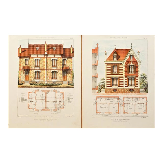 Pair- 1900 French Architecture Lithographs-Country Homes For Sale