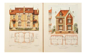 Pair- 1900 French Architecture Lithographs-Country Homes