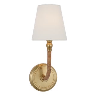 Chapman & Myers for Visual Comfort Signature Basden Medium Sconce in Antique-Burnished Brass and Natural Rattan with Linen Shade For Sale