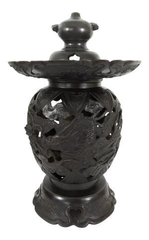 Old Japanese Bronze Reticulated Censer / Candle Lamp With Dragons and Clouds, Lantern, 2 Part