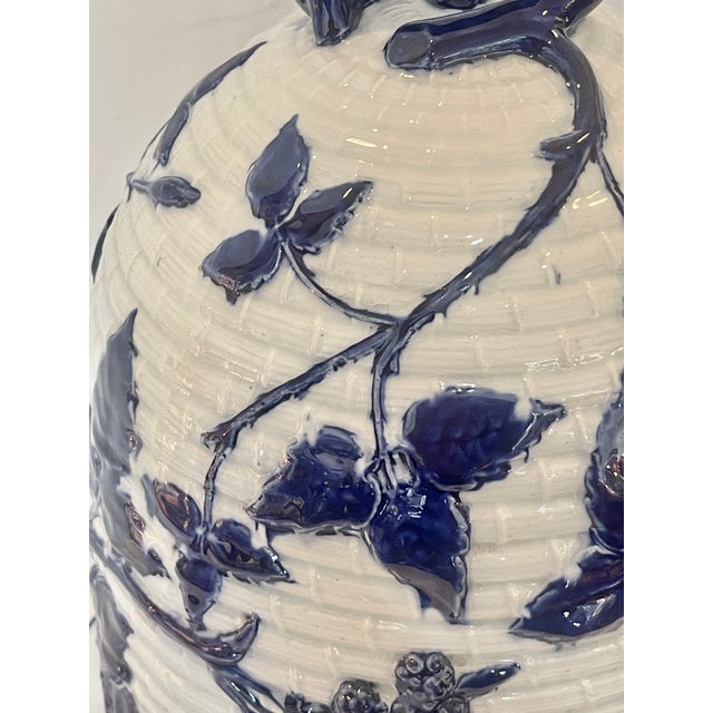 Ceramic Majolica Beehive Cheese Dome & Stand Blue & White Rare by Mintons C1870 For Sale - Image 7 of 14