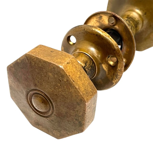 1930s Antique American Art Deco Octagonal Brass Door Knobs W/ Rosettes. A Pair For Sale - Image 5 of 12
