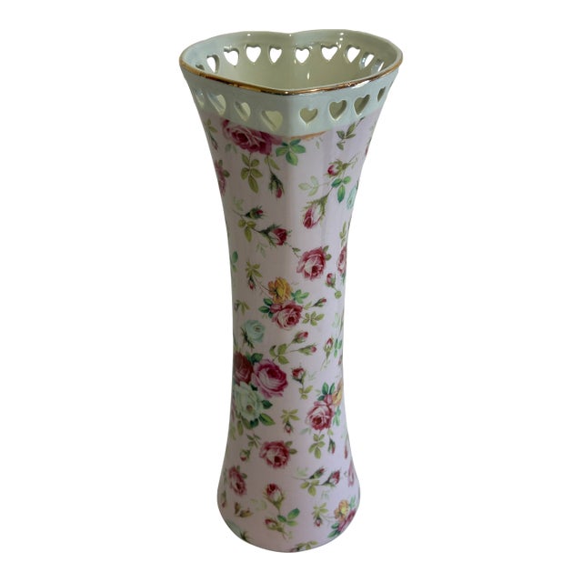 Vintage Godinger Antique Reflections Pink Rose Porcelain Vase With Heart Pierced Rim For Sale