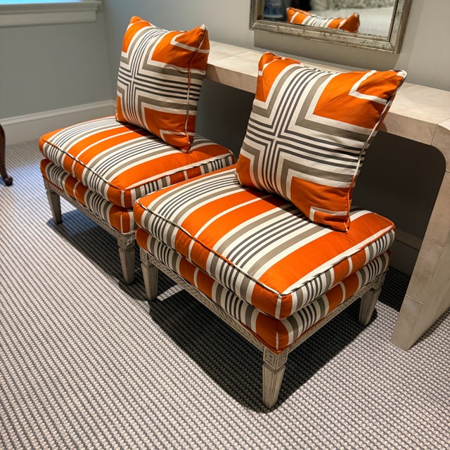 Orange Pair of Hickory Chair Orange and Gray Striped Ottomans For Sale - Image 8 of 10