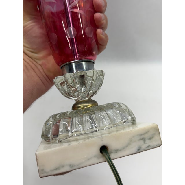 1960s Vintage Cranberry Cut-to-Clear Glass Table Lamp on Marble Base For Sale - Image 5 of 10