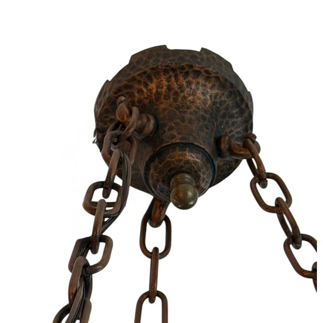 Art Nouveau Antique Hammered Bronze Chandelier With Moonstone Cast Glass Dome For Sale - Image 3 of 8