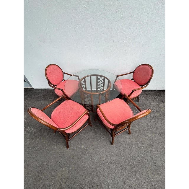 David Francis Attributed, Rattan Dining Set With Coveted “Spider Back” Coastal Design. Leather Bindings, Quality Construction and Coral Damask Fabric. For Sale In West Palm - Image 6 of 8