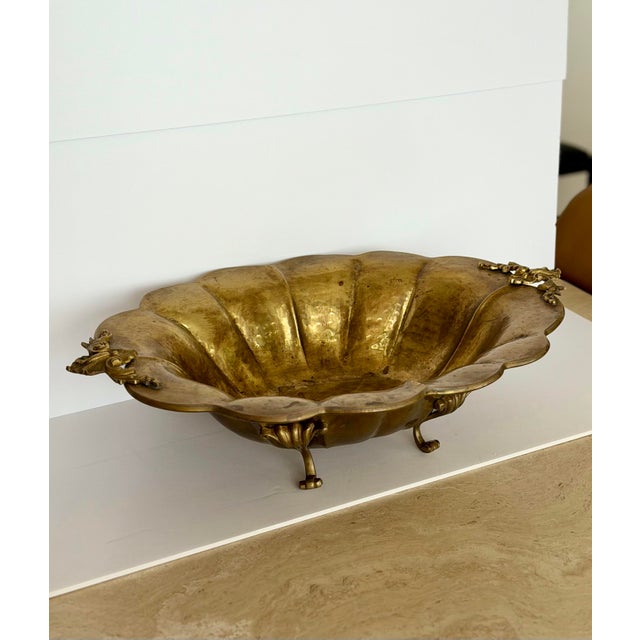 Mid-20th Century Large Scalloped & Floral Handles Brass Centerpiece Bowl For Sale - Image 9 of 10