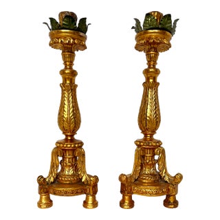 Antique Early 1900s Gilded Wood Ornate Candle Holders - A Pair For Sale