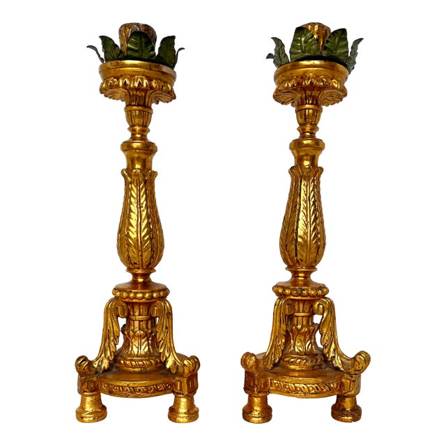 Antique Early 1900s Gilded Wood Ornate Candle Holders - A Pair For Sale
