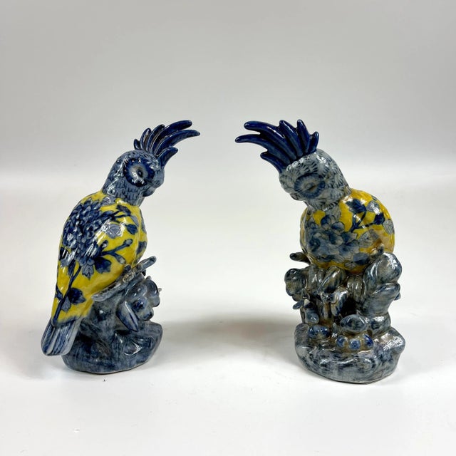 1990s Set of 2 Hand Painted Porcelain Chinoiserie Blue and Yellow Birds For Sale - Image 9 of 9