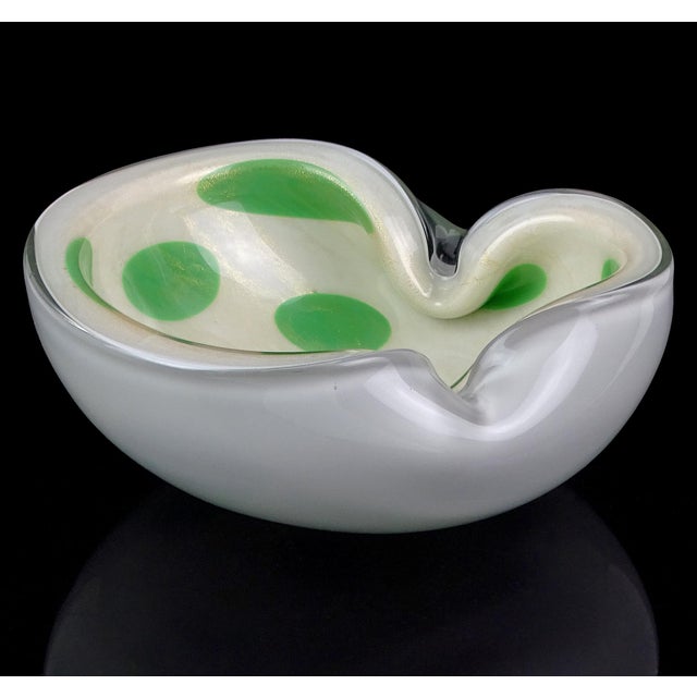 Murano Vintage Murano Barbini Gold Flecks Green Spots White Italian Art Glass Folded Rim Ashtray Bowl Dish For Sale - Image 4 of 10