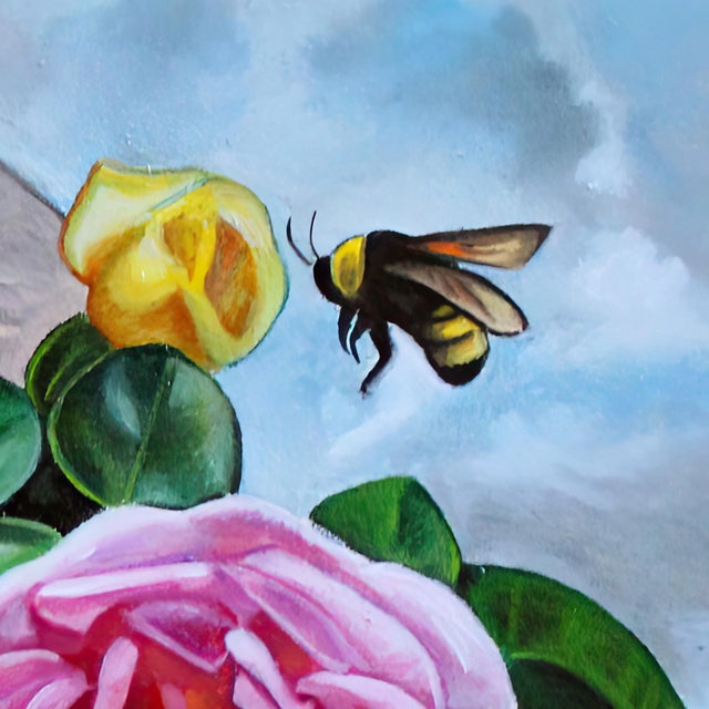 Daylight Dreamer by Claudia Griesbach-Martucci | Oil on board Sheep's head with flowers and butterflies For Sale - Image 4 of 4