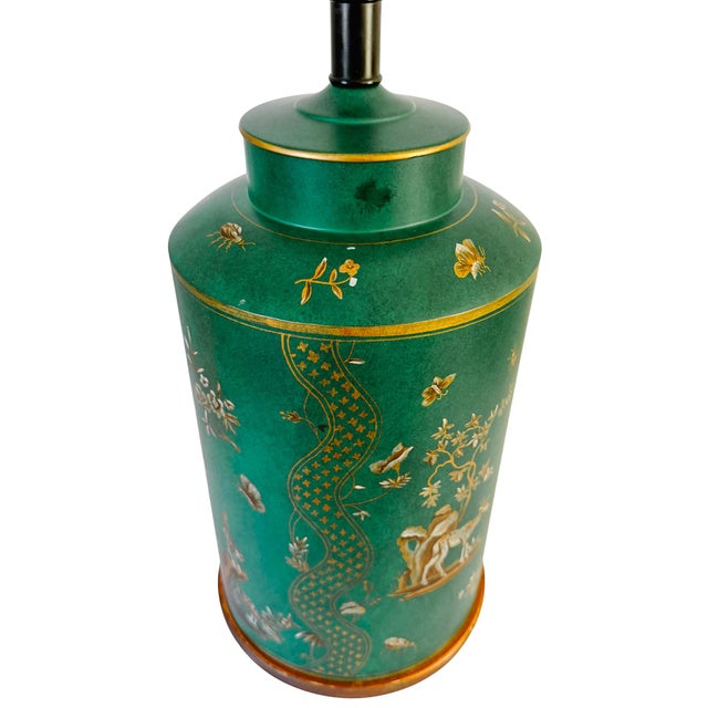 1970s 1970s Large Frederick Cooper Emerald Green Hand-Painted Green Tole Chinoiserie Table Lamps - A Pair For Sale - Image 5 of 17
