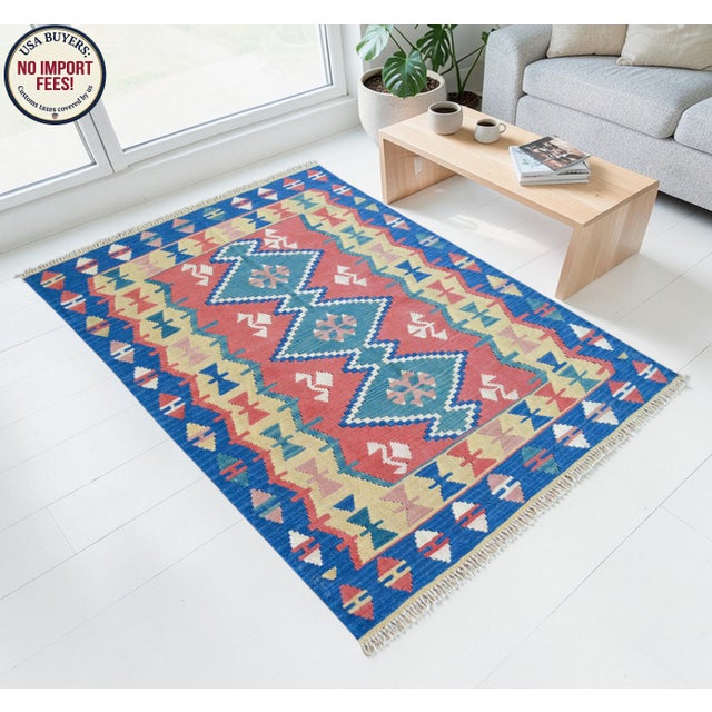 Vintage Turkish Rug Hand-Woven Kilim Rug - 3'10" X 5'6" For Sale - Image 6 of 13