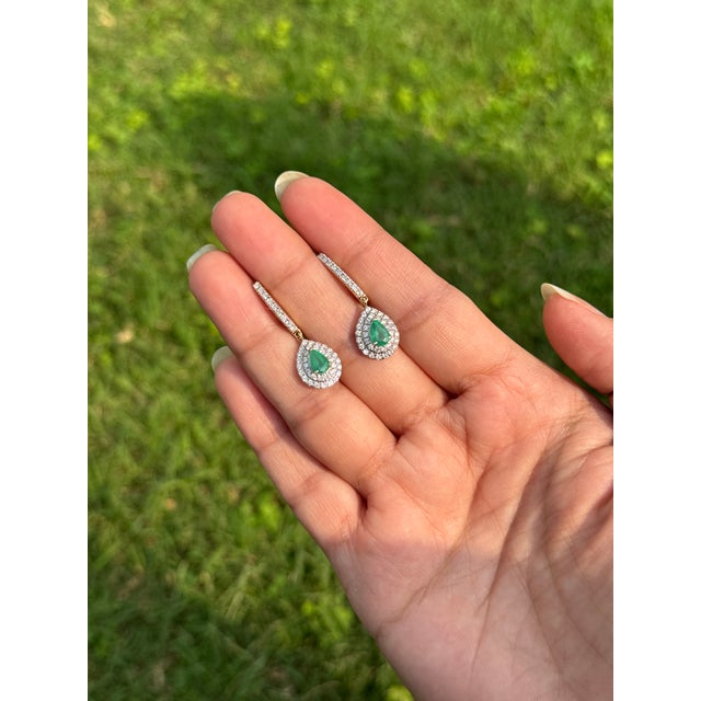 Contemporary Luxury Emerald & Diamond Double Halo Latchback Earrings in 14k Yellow Gold- 2 Pieces For Sale - Image 3 of 12