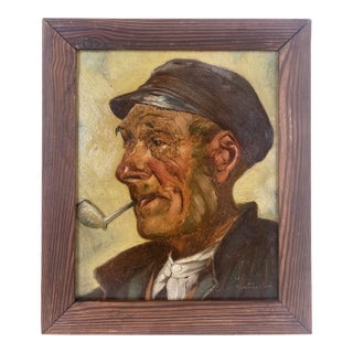 Portrait of a Man Smoking a Pipe in Oil on Masonite by Heinz Robert Schubert For Sale