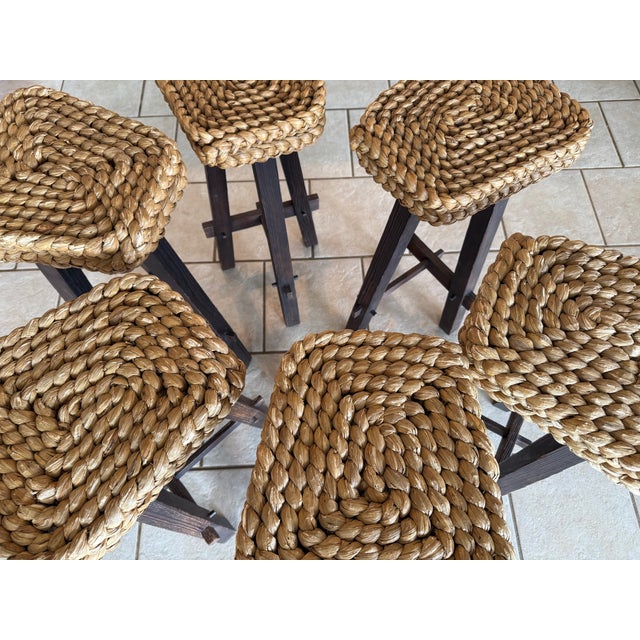 Brown Set of 6 Vintage French Wood and Hemp Bar Stools Attributed to Adrien Audoux and Frida Minet For Sale - Image 8 of 18