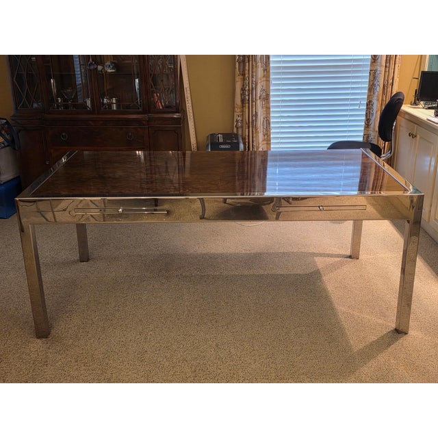 1970s Rare Leon Rosen for Pace Collection Burl Wood & Chrome Executive Desk For Sale - Image 9 of 11
