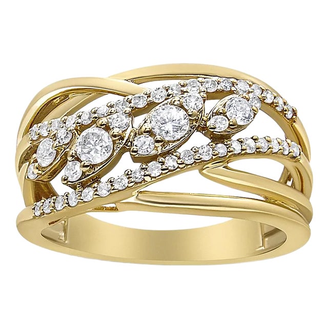 10K Yellow Gold 1/2 Cttw Round-Cut Multi Row Diamond Split Shank Cocktail Ring (H-I Color, SI2-I1 Cl For Sale
