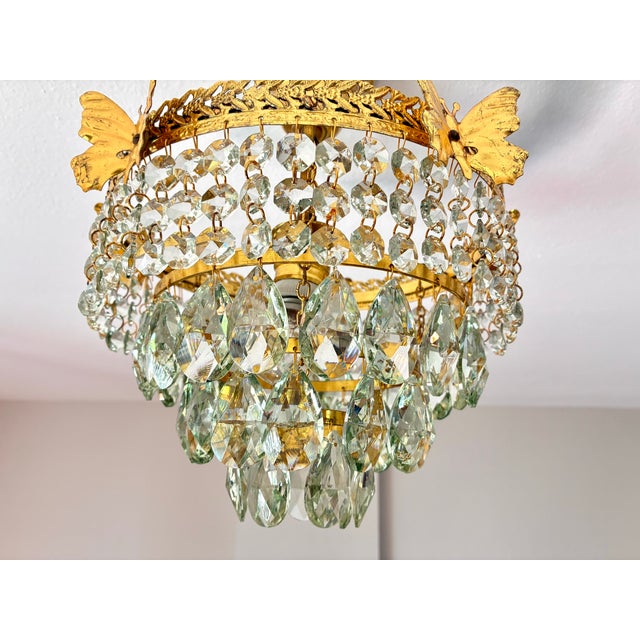 Vintage Brass Butterfly Flush Mount Light, Vintage Hand-Painted Light Green Crystal Basket Chandelier, Dramatic Radial Shadow Display For Sale - Image 13 of 15