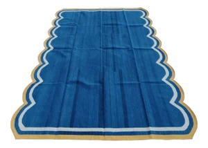Handmade Cotton Vegetable Dyed Scalloped Edge Rug Royal Blue With Cream and Yellow Border - 6x9