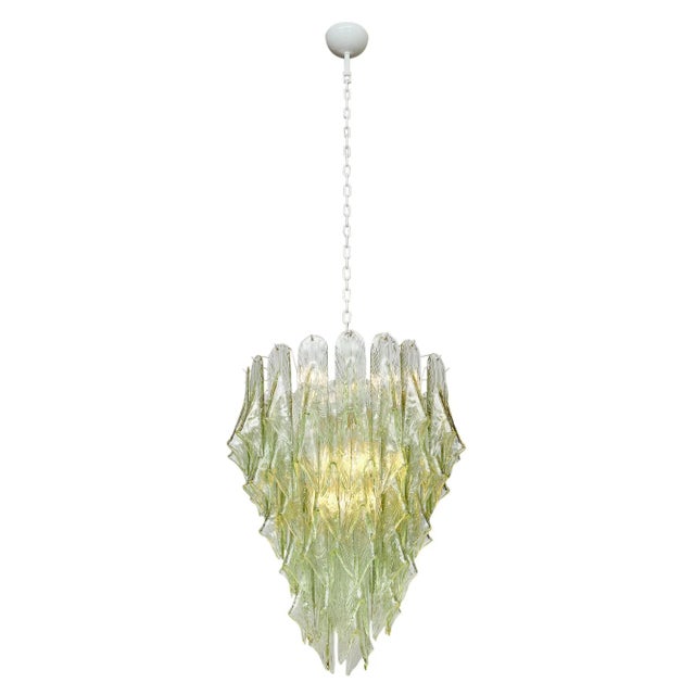 Murano glass chandelier with elements of hand-blown glass in a sea-glass green color. Each element of glass has an Art...