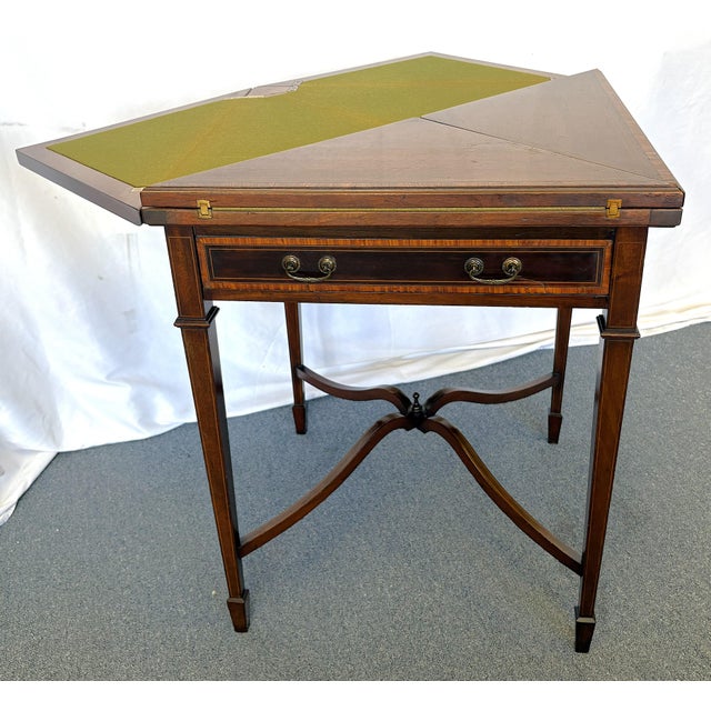 1930's Hand Made Mahogany Folding Handkerchief Game Table With Felt Top For Sale - Image 4 of 18