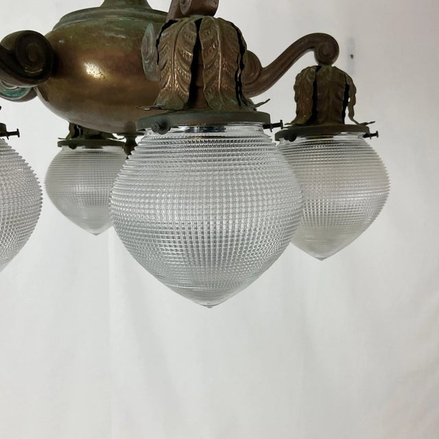 1920s French Bronze Art Deco Chandlier With Original Halophane Glass For Sale - Image 16 of 18