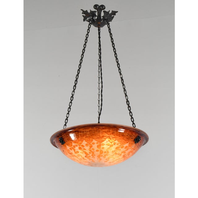 1920s French Art Deco Pendant Light by Le Verre Francais Schneider - 1925 Cameo Chandelier France For Sale - Image 5 of 11