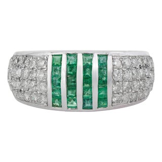 Art Deco Square Cut Emerald Linear Stripe & 1.34 Ct Diamond Pavé Dome Unisex Ring Size 8 For Sale