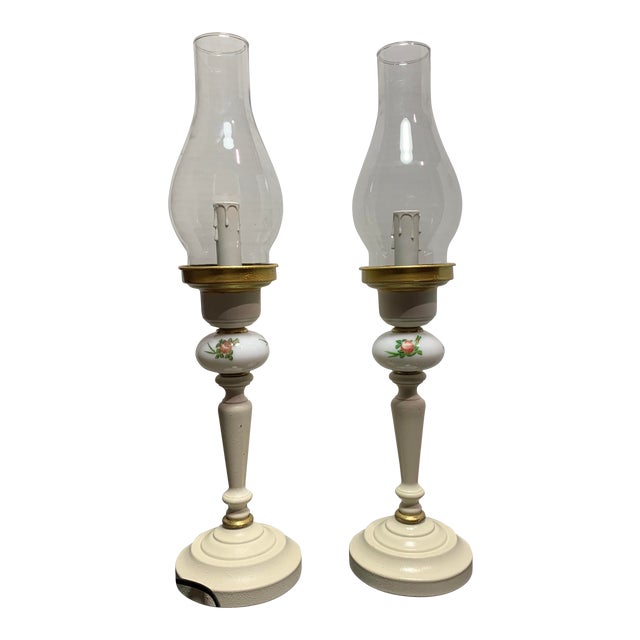 Vintage Milk Glass and Brass Hand Painted Floral Candle Table Lamp a