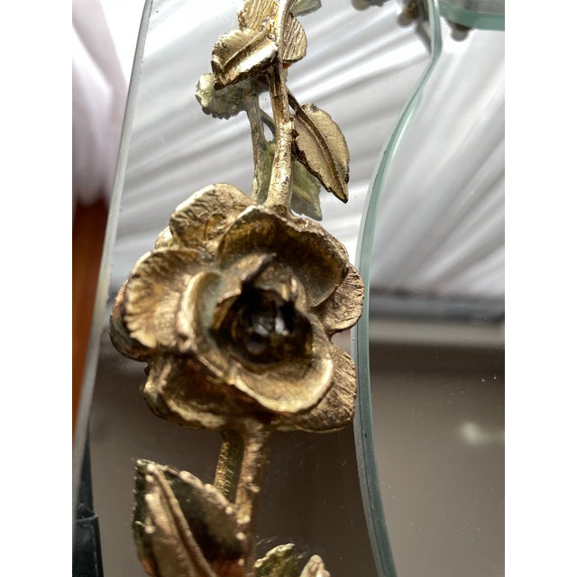 Vintage 1940s French Style Hollywood Regency Beveled Vanity Mirror With Gilt Floral Accents For Sale - Image 4 of 10