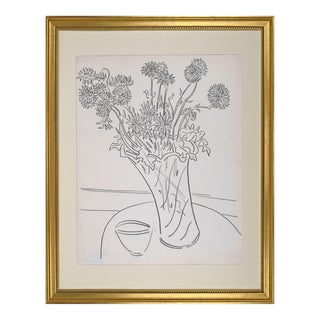 Vintage Mid Century Modernist Floral Still Life Drawing by Achillo Sullo C. 1950s For Sale