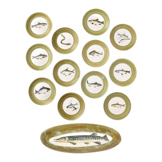 Mid-Century Modernist Hand-Painted Oceanic Ceramic Plate Set by Marcel Guillot For Sale