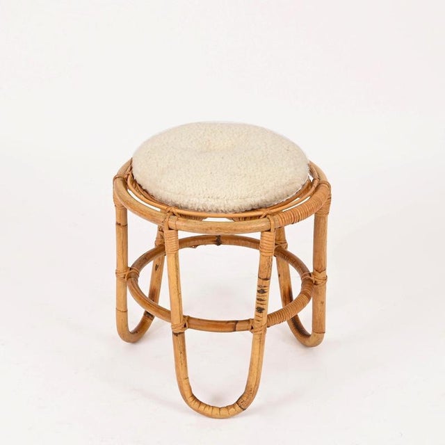 French Riviera Rattan and Wicker Round Stool by Tito Agnoli, Italy, 1960s For Sale - Image 6 of 14