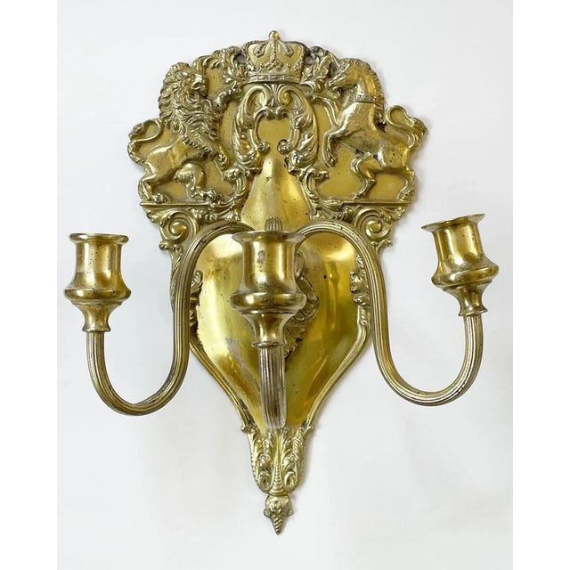 Elegant English 3 Arm Candelabra Silver Sconces With a Gold Wash - a Pair For Sale - Image 11 of 11