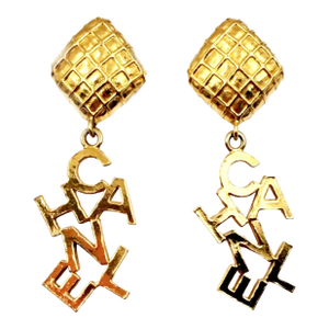 Chanel Vintage Gold Plated Quilted Argyle Letter Drop Clip on Earrings, A Pair