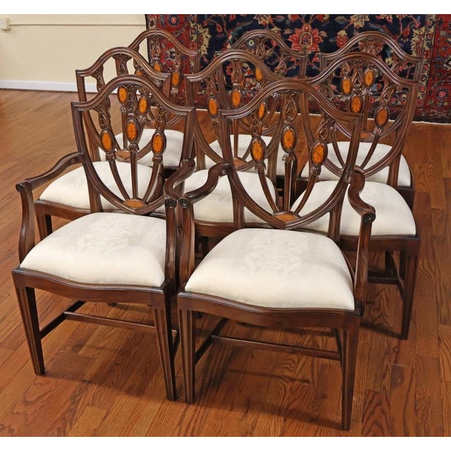 Set of 8 Mahogany Satinwood Inlaid Baltimore Federal Style Dining Chairs Dimensions : 40 tall x 24 wide x 23 deep seat...