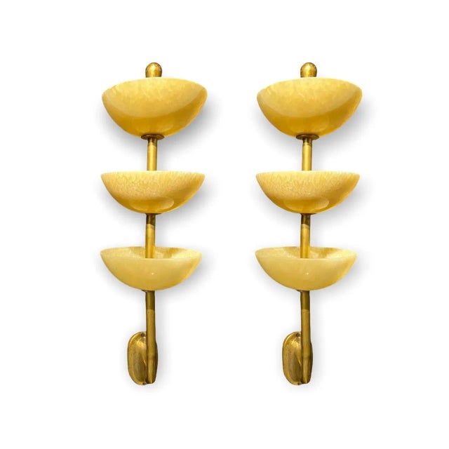 Gold 1940s Alabaster Sconces 3 Tiers - Pair For Sale - Image 8 of 8