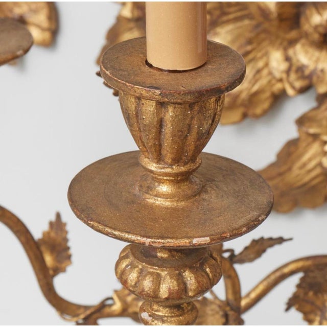 Mid 20th Century Mid-20th Century French Country Giltwood Five-Light Wall Sconces With Carved Floral and Fruit Decoration - Pair For Sale - Image 5 of 9