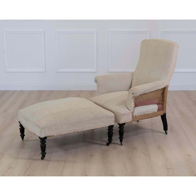 Off-white 19th Century Napoleon III Square Back Armchair with Matching Footstool For Sale - Image 8 of 9