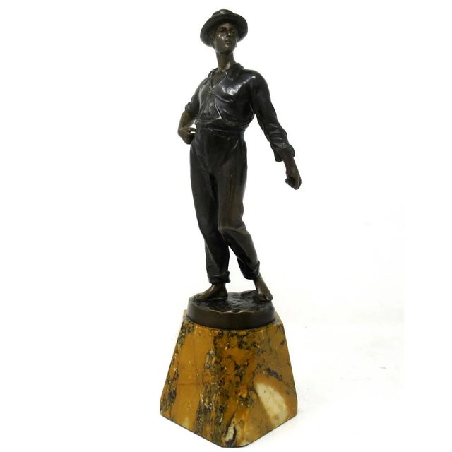 Art Deco Antique German Bronze Male Boy Figure Sienna Marble Constantin Holand Art Deco For Sale - Image 3 of 12