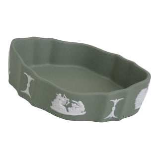Wedgwood Jasperware Sage Green Cherubs Oval Trinket Ring Vanity Dish For Sale